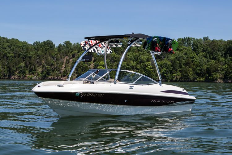 windshield-mounted mirror installed on mastercraft boat with monster wakeboard tower